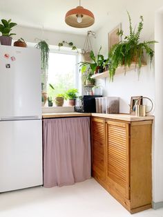 a white refrigerator freezer sitting inside of a kitchen next to a plant filled window