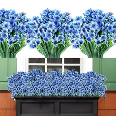 three blue flowers in front of a window with green shutters and windowsill on either side