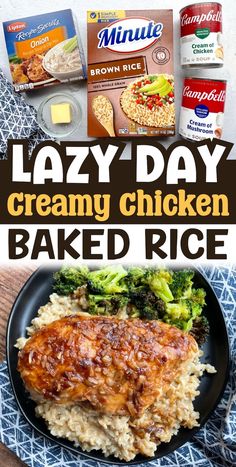 lazy pay creamy chicken baked rice with broccoli and other ingredients on the side