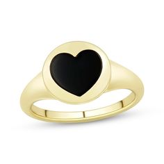 She'll proudly wear your love in this signet-style ring. 10K yellow gold A heart-shaped black onyx cabochon centers the round signet top Tapered domed shank Classic Round Signet Ring For Valentine's Day, Valentine's Day Fine Jewelry Signet Ring, Black Rings For Valentine's Day, Yellow Gold Signet Ring With Black Enamel, Black Rings For Valentine's Day Formal Occasion, Black Ring For Valentine's Day Formal Occasion, Black Rings For Valentine's Day Formal Events, Polished Finish Heart Ring, Black Onyx Ring