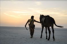 a man walking with a horse in the desert