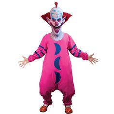 a person in a pink clown costume standing with his hands out to the side,