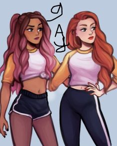 two girls with pink hair are standing next to each other and one has her hands on her hips