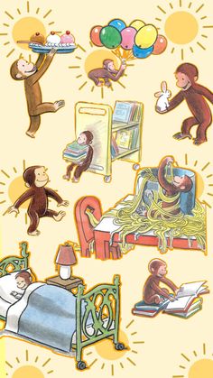 an image of monkeys doing different things in the room with balloons and books on it