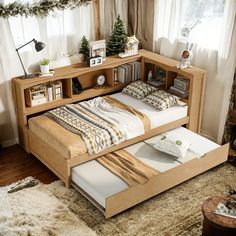 a bed that is in the middle of a room with a book shelf above it