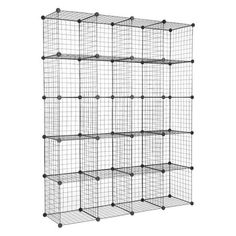 the wire shelving unit is shown with four shelves on each side and three bins on