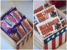 an american flag box filled with candy bar wrappers and candies for the big league chew