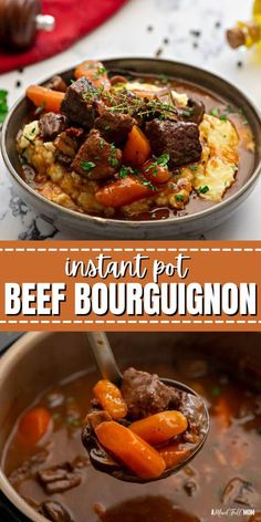 beef bourguignon in a pot with a ladle full of stew and carrots