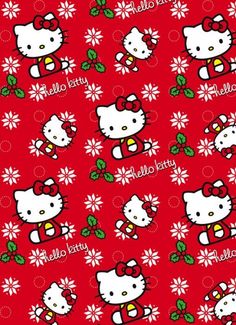 the hello kitty wallpaper is red and has white flowers on it's sides