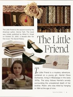 an advertisement for the little friend with pictures of women's shoes, books and flowers