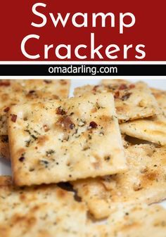 some crackers on a white plate with the words swamp crackers in red and white