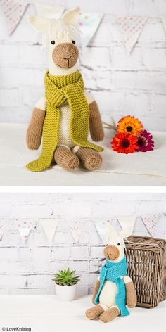 two stuffed animals sitting next to each other in front of a brick wall with bunting