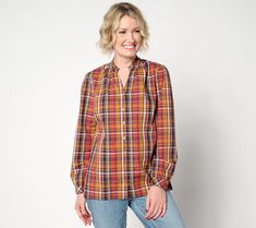 It's the little things -- brisk mornings, warm spices, the charming plaid of this ruffled button-front blouse -- that make the transition to a new season so delightful. From the Joan Rivers Classics Collection®. Joan Rivers, The Little Things, New Season, Little Things, Shirt Blouses, Top Blouse, Plaid