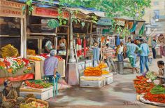 a painting of people shopping at an open air market with fruit and vegetables on display