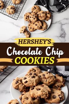 chocolate chip cookies on a white plate with text overlay that reads hershey's chocolate chip cookies