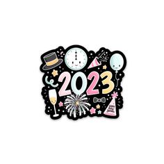 a new year's card with the numbers 2012 and fireworks, balloons, hats, and other items