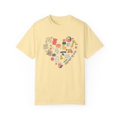 Introducing our exclusic collaboration Comfort Colors t-shirt designed for the passionate defenders of play! This shirt was created in collaboration with Holly, the hostess of the Toddler Play Conference. This t-shirt celebrates the importance of play in early childhood development. Featuring the empowering slogan "defender of play" alongside a heart-shaped collage of beloved toys, it is a must-have for SLPs, SLPAs, OTs, early intervention specialists, providers, and parents alike. Wear it proud Yellow Graphic Design Tops For Fan Merchandise, Yellow Pop Culture Short Sleeve T-shirt, Pop Culture Yellow Short Sleeve T-shirt, Yellow Short Sleeve Pop Culture T-shirt, Yellow Short Sleeve T-shirt Pop Culture, Yellow T-shirt With Character Print, Yellow Graphic Tee With Character Print, Yellow Short Sleeve Fan Merchandise Top, Fun Fan Merchandise Short Sleeve T-shirt