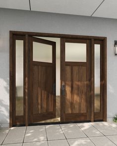 two wooden doors are open on the side of a building with white tile flooring