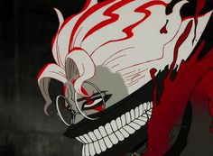 an animated image of a clown with red eyes and white hair, holding his mouth open