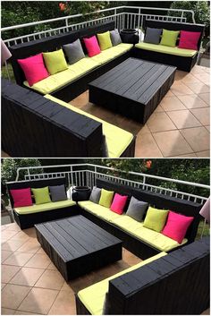 an outdoor couch made out of pallet wood and black with pink, yellow and green pillows