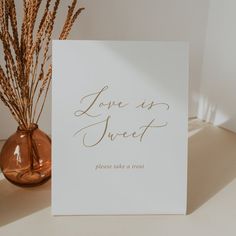 Delicate Gold Calligraphy Love Is Sweet Wedding Pedestal Sign Editable Template Sparkler Exit Sign, Sparklers Wedding Sign, Wedding Pedestal, Sparkler Sign, Let Love Sparkle, Calligraphy Love, Simple Wedding Favors, Romantic Minimalist