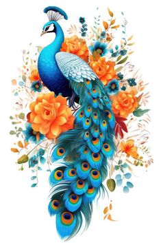 a painting of a peacock with flowers and leaves