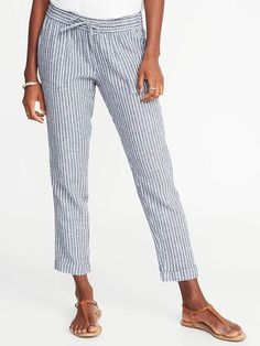 I've ordered 3 pair! Mid-Rise Linen-Blend Cropped Pants for Women from Old Navy. Draw string waist, does not wrinkle like linen because it is a linen blend. I roll the pant up one because I'm shorter but these are breathable and such a nice cool option for summer instead of shorts. #oldnavy #summerpant #whattowear European Cruise Outfits, Green Linen Pants Outfit, 40 Plus Fashion, Linen Striped Pants, Green Linen Pants, Linen Pants Outfit, Black Linen Pants, Casual Attire For Women, Cropped Cargo Pants