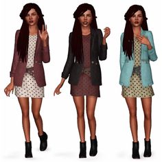 three different poses of a woman with long black hair and wearing a short dress, blazer jacket, polka dot shirt and booties