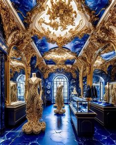 an elaborately decorated room with blue marble floors