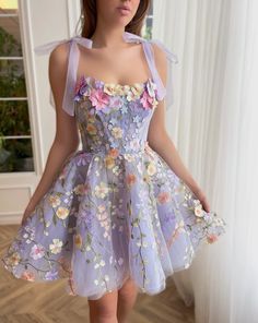 Adjustable Tie Bow strap Light Purple Mini Floral Dress 3D Embroidery – AMAIO Mini Prom Dress, Short Evening Dress, Flower Party Dress, Prom Dress Short, Mini Floral Dress, Prom Dresses 2023, Summer Flower Dress, Mini Prom Dresses, Prom Dresses Elegant