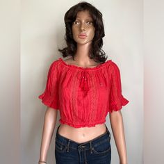 Nwt American Eagle Coral Lace Crop Top Can Be Worn Off Shoulder Or On Shoulder Elastic Top, Bottom And Sleeves Body 100% Cotton Lace 100% Polyester Size Xs Red Summer Crop Top Blouse, Red Crop Top Blouse For Summer, Red Cropped Top For Vacation, Coral Lace, Elastic Top, Lace Crop Tops, Cotton Lace, American Eagle Outfitters, American Eagle