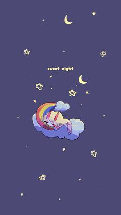 a cartoon character sleeping on top of a cloud with stars and moon in the sky