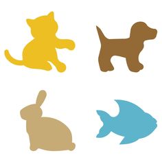 four silhouettes of cats and dogs on a white background