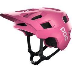 a pink helmet with the word poc written in white on it's side