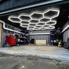 the inside of a garage with lots of storage