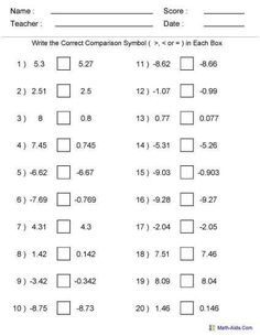 the worksheet for comparing numbers in each box