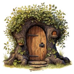 an illustration of a tree stump with a door and vines growing on it's sides