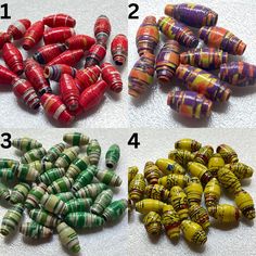 four different types of beads are shown in three rows, one is red, one is green and the other is yellow