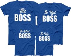 The Boss Real Boss Baby Boss Actual Boss Family Matching Custom Cute T-Shirts Custom Print Tops For Father's Day Fan Merchandise, Father's Day Fan Merchandise Tops With Custom Print, Blue Tops With Screen Print For Father's Day, Blue Tops With Text Print For Father's Day, Blue Screen Print Tops For Father's Day, Father's Day Blue Short Sleeve Tops, Blue Custom Print Top For Father's Day, Father's Day Blue Top With Custom Print, Blue Colour Shirt