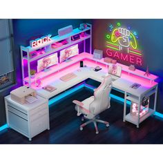 a computer desk with neon lights on it and a chair in front of the desk