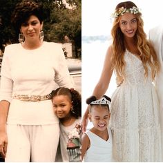 two women and one child are dressed in white for the same occasion as they stand next to each other