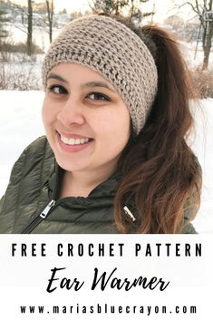 a woman wearing a crochet headband in the snow with text overlay that reads free crochet pattern ear warmer