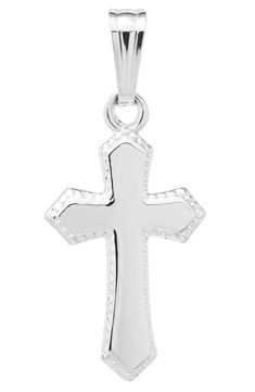 Beaded edges subtly texture a matte-finished silver cross on a chain fashioned from dainty silver links. Spring-ring closure. Approx. length: 15". Approx. drop: 3/4". Sterling silver. By Mignonette; made in the USA. Kids' Wear. Silver Cross Pendant Jewelry For Baptism, Silver Cross Pendant Jewelry For First Communion, Silver Pendant Jewelry For Baptism, Silver Crucifix Necklace For Baptism, Silver Cross Necklace For Baptism, Sterling Silver Cross Necklace For Baptism, Elegant Silver Cross Necklace For Baptism, Silver Cross Pendant, Chain Fashion