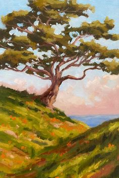 an oil painting of a tree on a hill