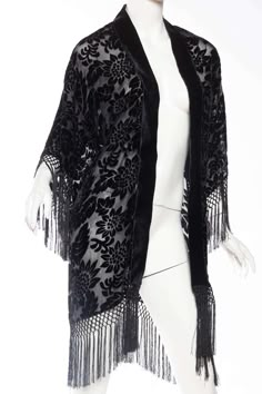 For Sale on 1stDibs - MORPHEW COLLECTION Black Floral Silk Burnout Velvet Sheer Fringed Kimono Shawl Cardigan, Glamorous Look, Goth Outfits, Jacket Design, Early 1900s, Goth Fashion, Gothic Fashion, Black Velvet, Fashion Boutique