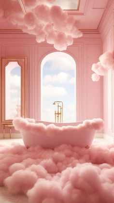 a bathtub in the middle of a room filled with pink clouds