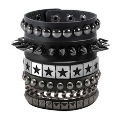 PRICES MAY VARY. Spike Bracelet Set: 4 Pcs Spike cuffs for you, this sophisticated black studded bracelet set is sure to fit. Enjoy, look cool, stylish, and be free! Size Details: Adjustable length from 7 inch to 8. 5";You can adjust the size by changing the snap button place. Handmade Leather Bracelet: All the metal spike are carefully selected, manually installed and manufactured, sturdy and durable without worrying about quality issues. Don't need to worry about the quality issues. Goth acces Spike Cuffs, Studded Bracelet, Spike Bracelet, Punk Accessories, Metal Spikes, Handmade Leather Bracelets, Cuff Jewelry, Fit Ideas, Leather Jewelry