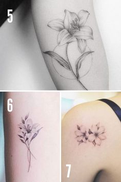 four different tattoos with flowers on the back of their arm and shoulder, all in black and white