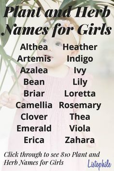 a poster with the names of plant and herb names for girls