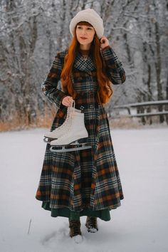 Winter Vintage Plaid Long Wool Coat 4839 – XiaoLizi Plaid Long Wool Coat For Fall, Plaid Wool Coat For Winter, Plaid Long Wool Coat, Russian Fashion Modern, Vintage Winter Outfits 50s, European Winter Fashion, Vintage Winter Outfits, European Fashion Winter, Long Wool Coat Women